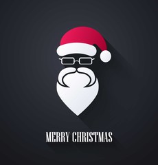 Merry Christmas background. Santa Claus moustache, beard and glasses on black background. Vector illustration