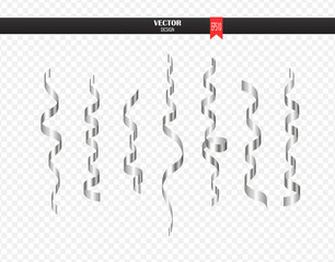 Silver curly ribbon serpentine confetti. Golden streamers set on transparent background. Colorful design decoration party, holiday event, carnival, Christmas, New Year. Vector illustration