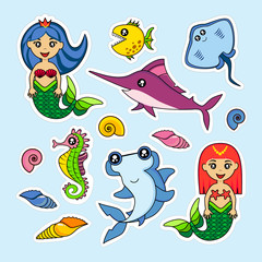 Fashion patch badges with mermaids, fish, fish hammer, swordfish, sea and other. Very large set of girlish and boyish stickers, patches in cartoon isolated.Trendy print for backpacks, things,clothes