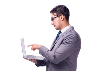 Fototapeta na wymiar Young businessman working on laptop isolated white