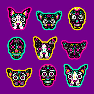 Fashion patch badges with sugar skull, dog and cat, day of the dead Very large set of girlish and boyish stickers, patches in cartoon isolated.Trendy print for backpacks, things,clothes