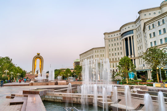 Fountain and the National Library in Dushanbe, the Capital of Tajikistan