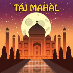 Mausoleum of Taj Mahal in Agra, India, historical view, night moon, vista attraction, religion, cartoon style, vector, illustration