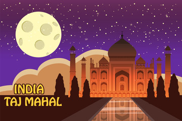 Mausoleum of Taj Mahal in Agra, India, historical view, night moon, vista attraction, religion, cartoon style, vector, illustration
