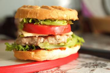 Cooking of burgers with veal, red tomatoes, lettuce, cheese and sauce in the home kitchen