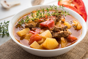 Bograch - Hungarian soup goulash with meat and vegetables.