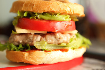 Cooking of burgers with veal, red tomatoes, lettuce, cheese and sauce in the home kitchen