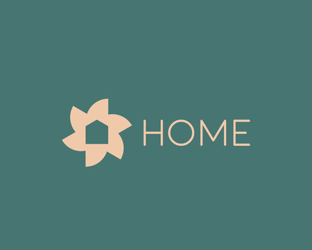 Flower home logo design template. Gold vector icon logotype. House negative space symbol