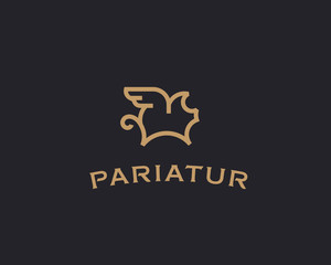 Flying pig line vector logotype. Creative pork grill steak wing logo design