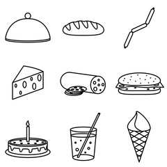 Vector Illustration of Thin Line Icons for Food. Editable Line. Collection 29. Linear Symbols Set: Bread, Sausages, Cheese, Burger, Cake, Cocktail, Ice Cream.