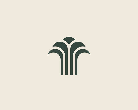 Abstract linear vector tree fountain building finance logotype. Universal luxury palm harvest park spa beach logo