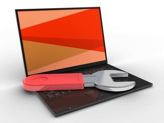 3d laptop computer and wrench