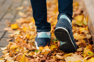 Feet sneakers walking on fall leaves. Autumn season nature on background.