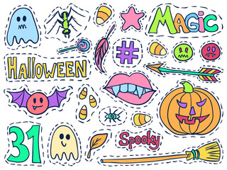 Halloween patch badges set holiday doodles bright