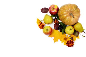 Naklejka na ściany i meble Autumn Composition of vegetables and fruits, Pumpkin, Apples, Pears on a white background. Flat lay top view trendy photo.