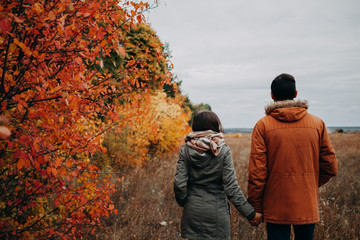 Young couple walks in autumn forest among colorful trees