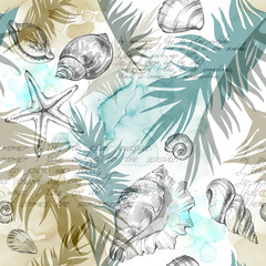 Zomerfeest vakantie achtergrond, aquarel illustratie. Naadloze patroon met zeeschelpen, weekdieren en palmbladeren. Tropische textuur in romantische kleuren.
