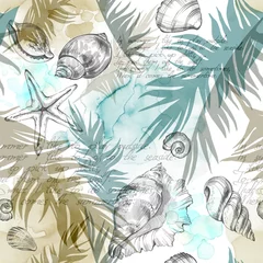 Keuken foto achterwand Aquarel bladerprint Zomerfeest vakantie achtergrond, aquarel illustratie. Naadloze patroon met zeeschelpen, weekdieren en palmbladeren. Tropische textuur in romantische kleuren.