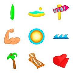 Sunbathe on the beach icons set, cartoon style
