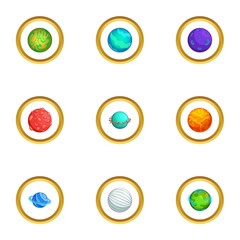 Mystery planet icons set, cartoon style