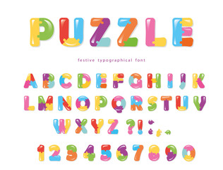 Puzzle font. ABC colorful creative letters and numbers.