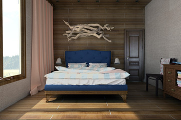 Cozy bedroom with wooden elements 