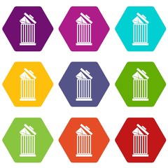 Envelope in trash bin icon set color hexahedron