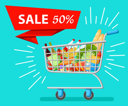 Self-service supermarket full shopping trolley cart with fresh grocery products and red handle realistic vector illustration sale Web site page and mobile app design.