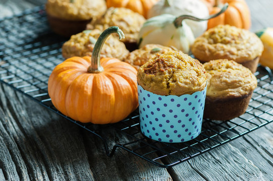 Pumpkin muffins, healthy vegan snack, Thansgiving and autumn dessert, selective focus, toned image