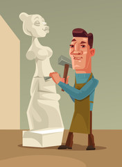 Happy smiling sculptor man character creating woman from stone. Vector flat cartoon illustration