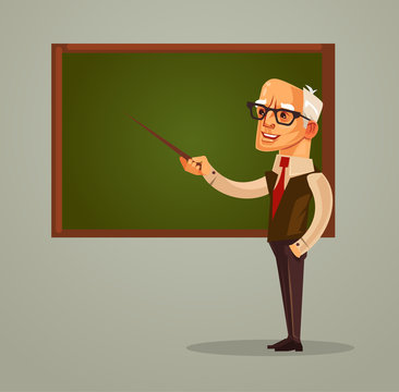 Happy smiling professor teacher old man character pointing on blackboard. Vector flat cartoon illustration