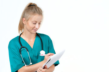 Female doctor  writing prescription paper