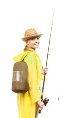 Woman with fishing rod, spinning equipment