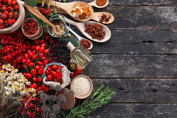 Medicinal plants and herbs composition: Dog rose, bunch branch Rosehips, types Rosa canina hips, essential oil. bunch,  dried flowers of linden and chamomile elderberries and goji berries.  