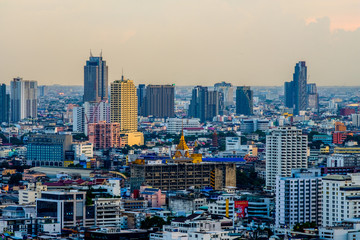 Landscape of Bangkok city with sunset in Thailand. Business district with high building
