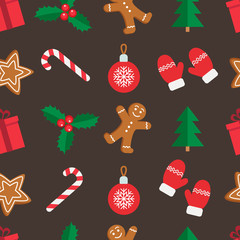 Seamless pattern of Christmas and New Year symbols. Gingerbread man, candy, gift, ball christmas tree, mistletoe, gloves pattern on brown background. Vector illustration.