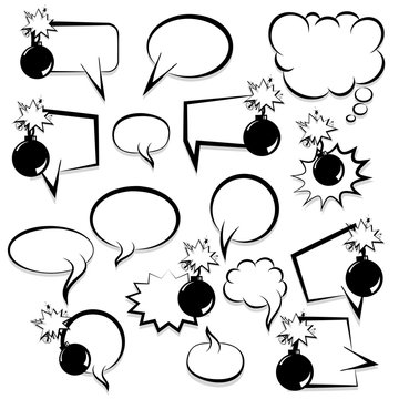 Bomb set explosion picture blank template pop art style comic text speech bubble halftone dot background. Comics book dialog cloud, space cartoon box. Idea monochrome conversation sketch explosion.