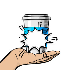 Pop art advertise poster. Man, guy hand hold paper hot tea coffee mug. Strong wow finger, mock up. Comic text cartoon speech sale bubble, balloon cloud box. Vector halftone illustration.