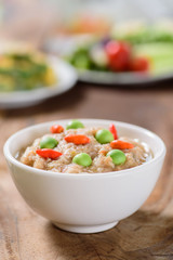 Thai food (Nam Prik Kapi),shrimp paste chili dip with fried mackerel omelette and fresh vegetables on wooden background
