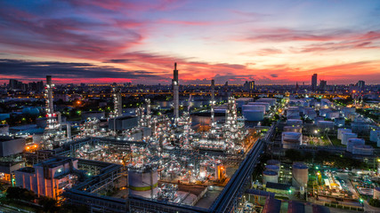 Fototapeta na wymiar Aerial view of Oil and gas industry - refinery, Shot from drone of Oil refinery and Petrochemical plant , Bangkok, Thailand