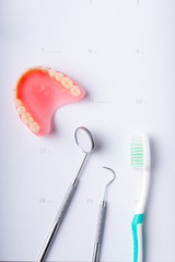 Set of metal Dentist's medical equipment tools, top view