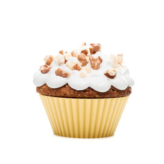 cupcake muffin with cream and nuts isolated at white background