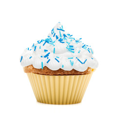 cupcake muffin with cream and blue icing isolated at white background