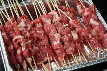 raw beef skewer prepared for barbecue party