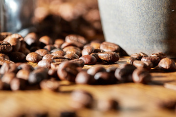 Aroma coffee chocolate cookies and spices on the wooden table. Dark wooden background. Top view. Close. Closeup.