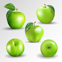 Green apples collection Isolated on a transparent background. Vector, 3D