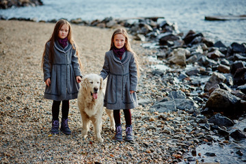Two little twin sisters on a walk with dog on the beach.