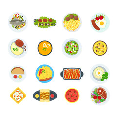 Fototapeta premium Cartoon Home Cooking Healthy Foods Dishes Menu Set. Vector
