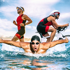 Triathlon swim bike run triathlete man training for ironman race concept. Three pictures composite...