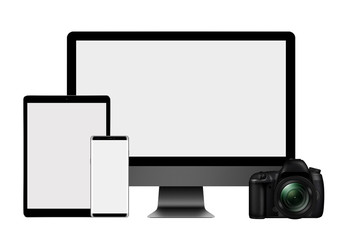3D illustration High set of modern computer monitor, tablet pc, mobile phone and DSLR Camera isolated on white